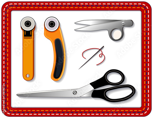 Vector: Quilting Tools: rotary cutters, thread clips, scissors Quilting Tools: rotary cutters, thread clips, scissors