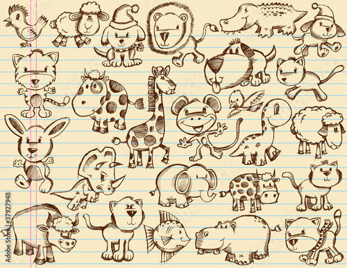 Vektor: Notebook Doodle Sketch Animals Vector Set Notebook Doodle Sketch Animals Vector Set