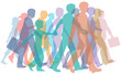 Colorful crowd of people silhouettes walk