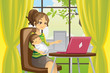 Vector: Mother and baby using laptop Mother and baby using laptop