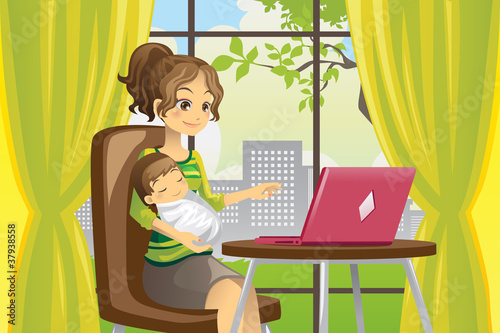 Vector: Mother and baby using laptop Mother and baby using laptop