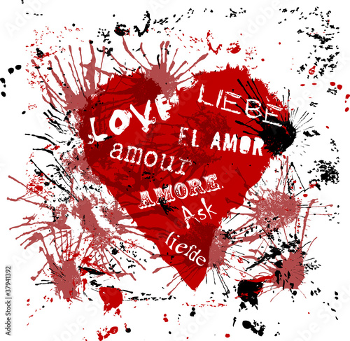 Vettoriale: heart with the word "love" in various languages, grungy style heart with the word "love" in various languages, grungy style