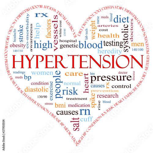 Illustration: Hypertension heart shaped word cloud concept Hypertension heart shaped word cloud concept