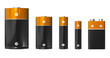 Different sizes of batteries: D, C, AA, AAA and PP3 (9V)