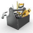 Toolbox with tools. Skrewdriver, hammer, handsaw and wrench.