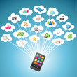 Smartphone, colorful icons, clouds, communication Smartphone, colorful icons, clouds, communication