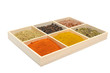 Six spices in a wooden square split jar