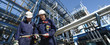oil workers and refinery, panoramic view