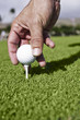 Golfer places golf ball on white tee Golfer places golf ball on white tee