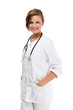 Successful female doctor standing isolated on white background
