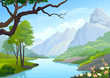 Vektor: RIVER FLOWS THROUGH HILLS AND MOUNTAIN RIVER FLOWS THROUGH HILLS AND MOUNTAIN