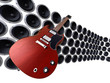 3D render of guitar floating in front of a wall of loudspeakers