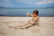 little girl on sandy beach little girl on sandy beach