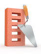 Trowel and brick on white background