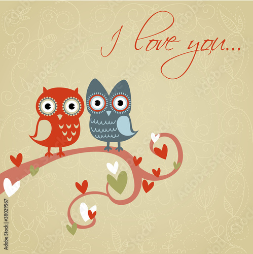 Vector: Valentine love card with owls and hearts Valentine love card with owls and hearts