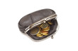 Black leather purse and several euro coins on white background Black leather purse and several euro coins on white background