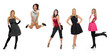 group of beautiful woman and one crazy girl jumping