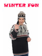 Funny winter man in warm hat and clothes smiling. isolated on wh