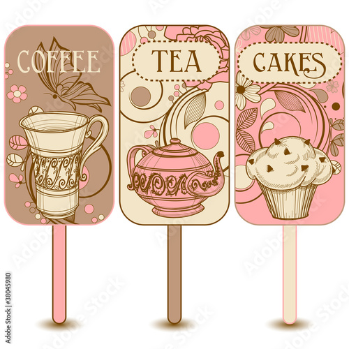 Vector: Coffee, tea and cakes labels Coffee, tea and cakes labels