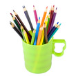Colored pencils are in a green cup Colored pencils are in a green cup
