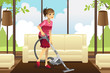 Housewife vacuuming carpet
