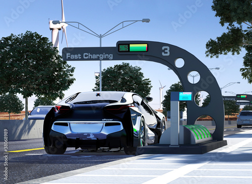 Illustration: Future power station with hybrid vehicle Future power station with hybrid vehicle