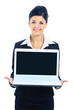 beautiful young woman holding laptop