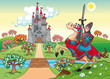 Panorama with medieval castle and knight. Vector illustration.