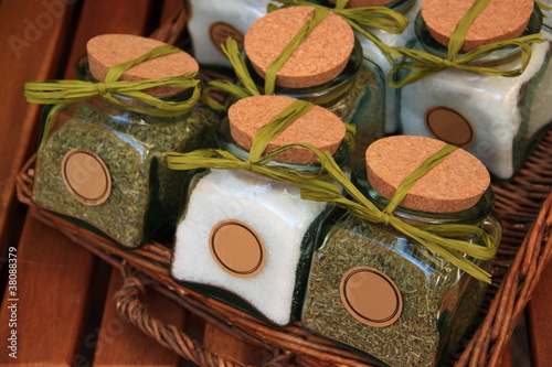 Photo: Wicker basket of jars with salt and spices Wicker basket of jars with salt and spices