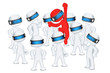 Red 3d Man jumping put of crowd