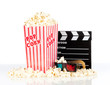 popcorn box with 3d movie glasses on a white background