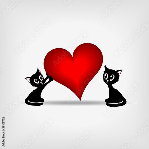 Vector: two black kittens and big red heart - vector illustration two black kittens and big red heart - vector illustration