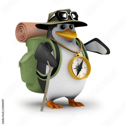 Illustration: 3d Penguin Hiker guides the party to safety 3d Penguin Hiker guides the party to safety