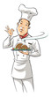 illustration of a chef holding delicious dish illustration of a chef holding delicious dish
