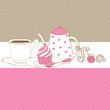 Cute vector card with tea cap, pot and sweet cupcake