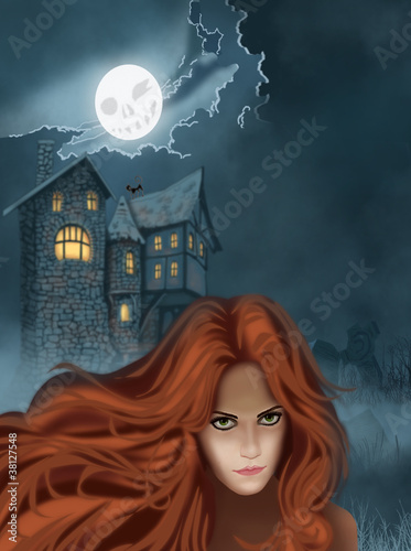 Illustration: llustration of the castle and the witch for Halloween llustration of the castle and the witch for Halloween
