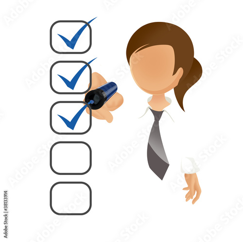 Illustration: Businesswoman filling a checklist on screen isolated on white Businesswoman filling a checklist on screen isolated on white
