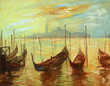 gondolas on landing stage in venice. painting