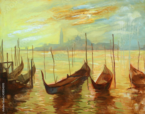 Photo: gondolas on landing stage in venice. painting gondolas on landing stage in venice. painting