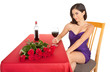 Photo: Woman Being Courted by Someone with Flowers an Wine Woman Being Courted by Someone with Flowers an Wine
