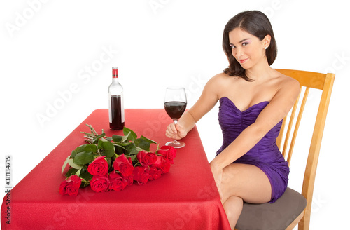 Photo: Woman Being Courted by Someone with Flowers an Wine Woman Being Courted by Someone with Flowers an Wine