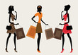 Vector: Three silhouettes of a women shopping, vintage style Three silhouettes of a women shopping, vintage style