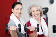zwei frauen mit hanteln im fitnessstudio