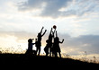 Silhouette, group of happy children playing on meadow, Silhouette, group of happy children playing on meadow,