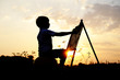Silhouette,  happy children  on meadow, sunset, summertime