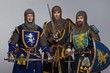 Three medieval knights isolated on grey background.