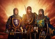 Three medieval knights against stormy sky.
