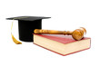 gavel, book and a graduate hat on a white background