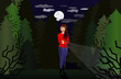 Vector: Frau alleine im Wald mit Taschenlampe Frau alleine im Wald mit Taschenlampe