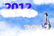 Woman on cloud bring briefcase